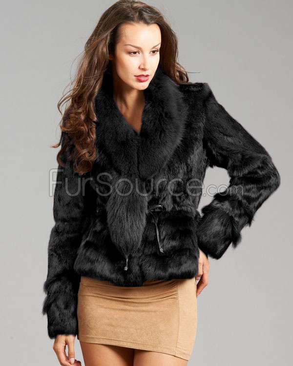 black fur coat fur jacket - rabbit fur with fox fur collar - black SRKALYL