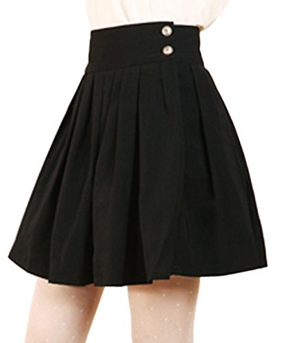black pleated skirt chouyatou womenu0027s double waist side buttons pleated skirt (large, black) HMHQVCZ