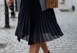 black pleated skirt sheer pleated skirt, camel bag u0026 black flats. UZIVPYV