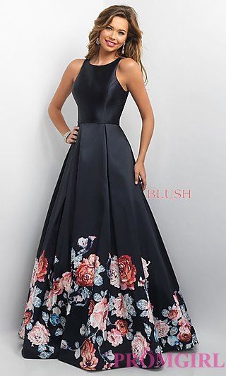 black prom dresses floral-print blush long prom dress - promgirl FWGNIJH