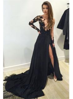 black prom dresses sexy black lace appliques 2017 prom dress front split long s.. LILOZJS