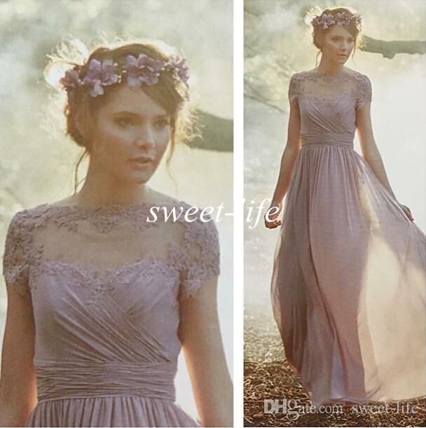 cheap vintage bridesmaid dresses with short sleeves light purple chiffon  a-line sheer lace 2016 MDOEINK
