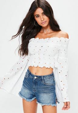 cropped tops white extreme sleeve shirred embroidered crop top GBMGGSD