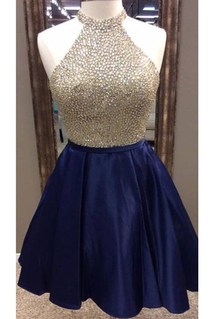 cute dresses dark blue satins beading sequins halter a-line short prom dresses ,club  dresses IEKHZUA