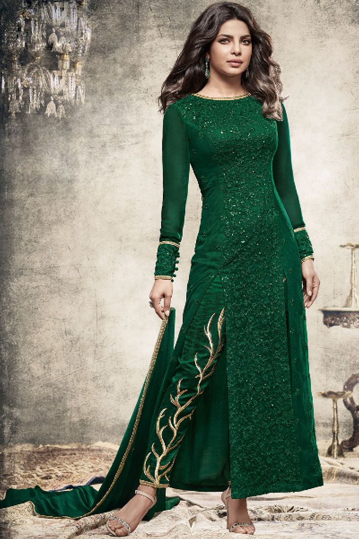 designer suits beautiful green georgette fabric embroidered indian designer priyanka party  wear suit WRYZBGH