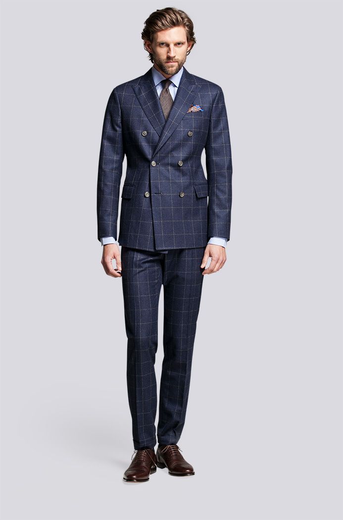 double breasted suit with brown window-pane check pattern. paired with  complementing solid brown TCASILK