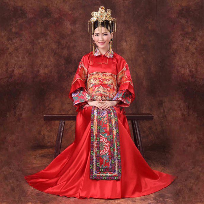 double phoenix floor length a-line traditional red chinese wedding dress FJPEZAI