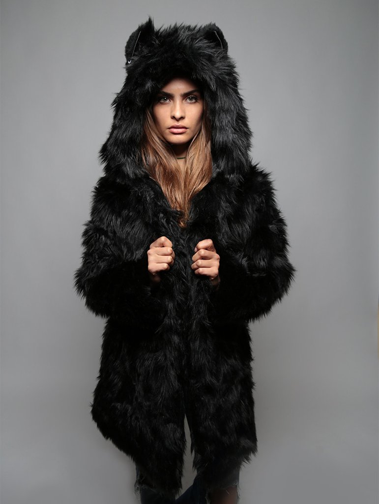 faux fur jacket black wolf faux fur coat YAUSNOV