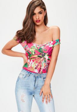 going out tops pink floral printed bardot bodysuit ZFRKLGT