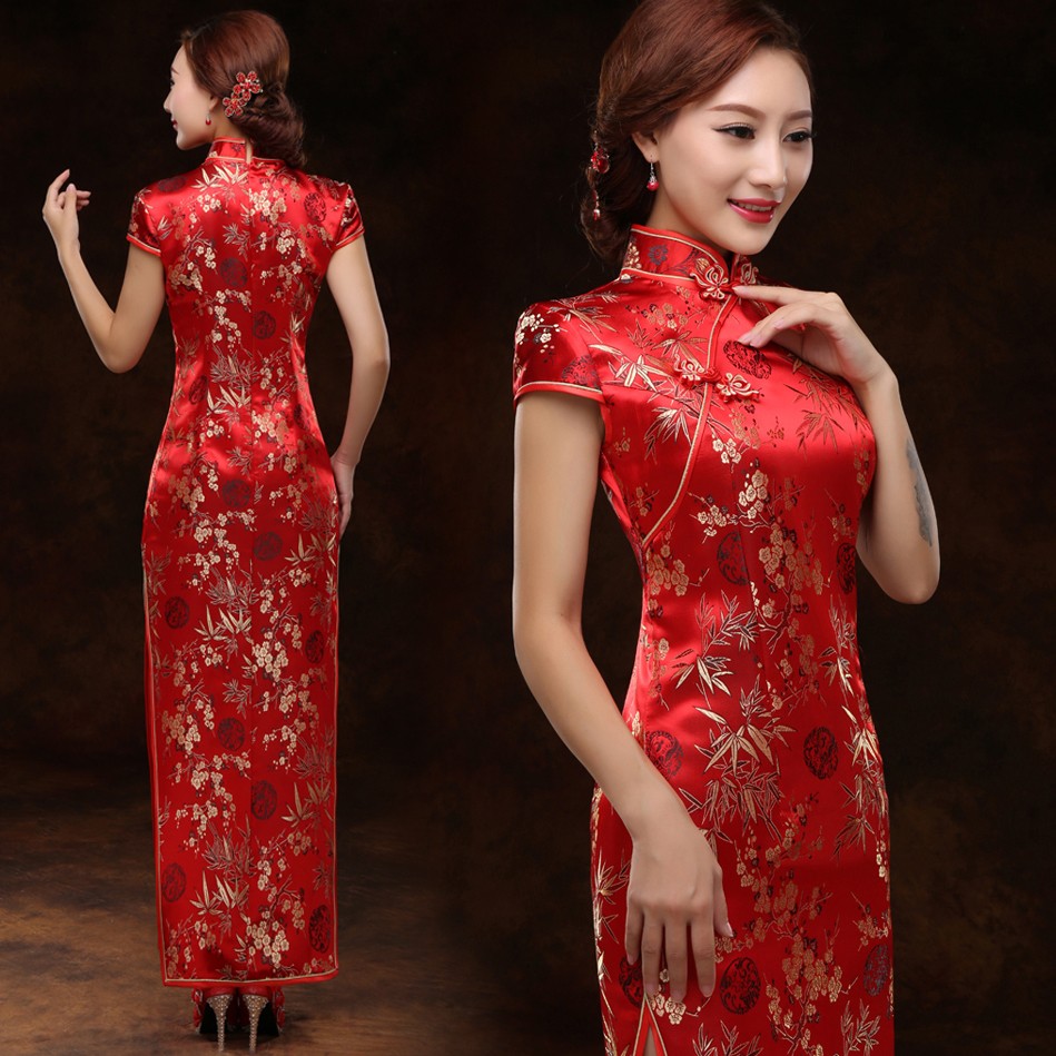 gold bamboo red brocade qipao traditional chinese wedding dress HVEJHLR