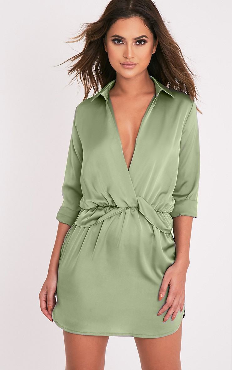 katalea sage green twist front silky shirt dress KNTMPUM