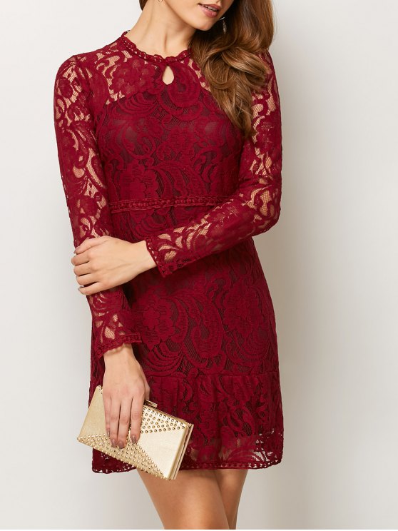 lace dresses affordable openwork long sleeve lace mini dress - red xl KNSEBDC
