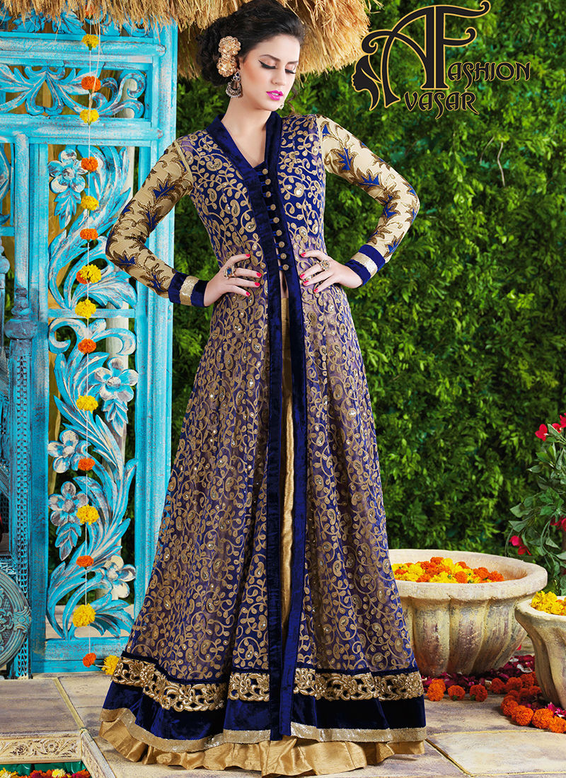latest party wear dresses in india.look sensationally awesome with this  deep blue net unstitched KXPJOAM