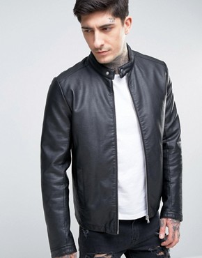 leather jackets for men asos faux leather racing jacket in black VYORTMZ