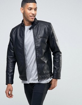 leather jackets for men river island biker jacket with racer neckline in faux leather black UJZXSBG