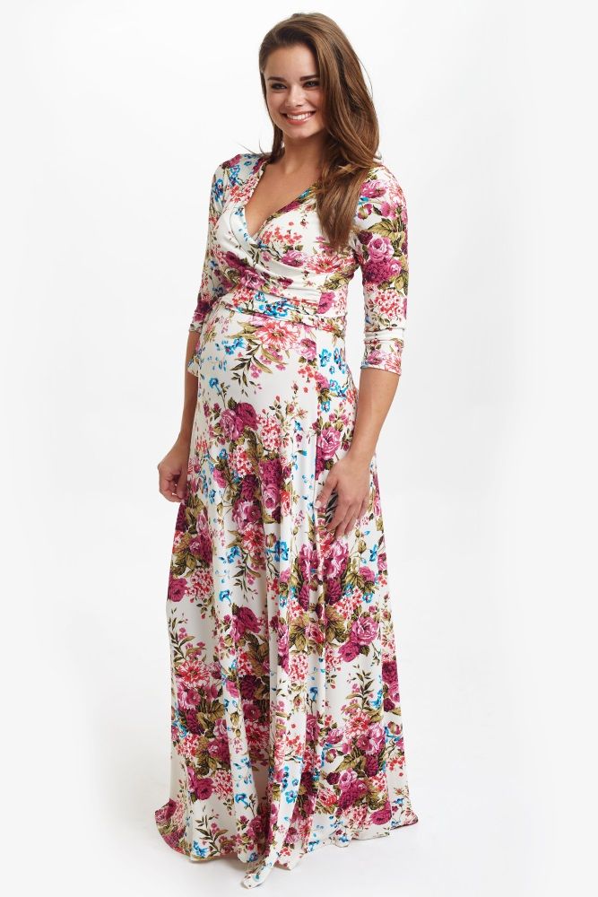 maternity dresses for baby shower ivory floral draped 3/4 sleeve maternity maxi dress JHQZDYP