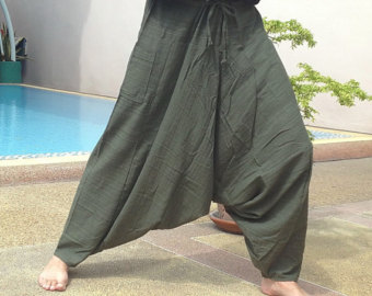 mens baggy pants - harem pants - good quality cotton - made to fade. olive TBDVFMN