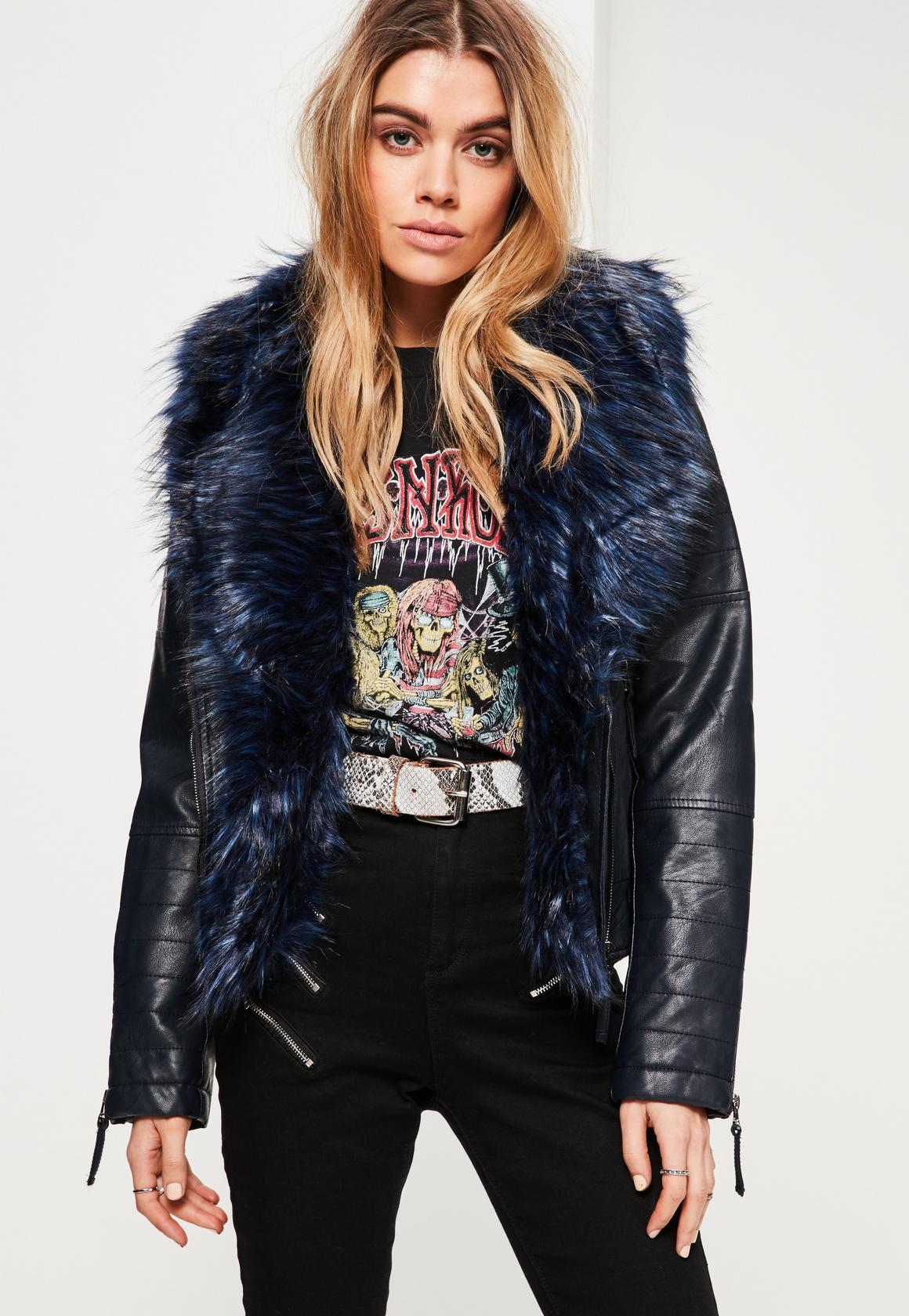 navy faux fur collar faux leather jacket CNVDFSP