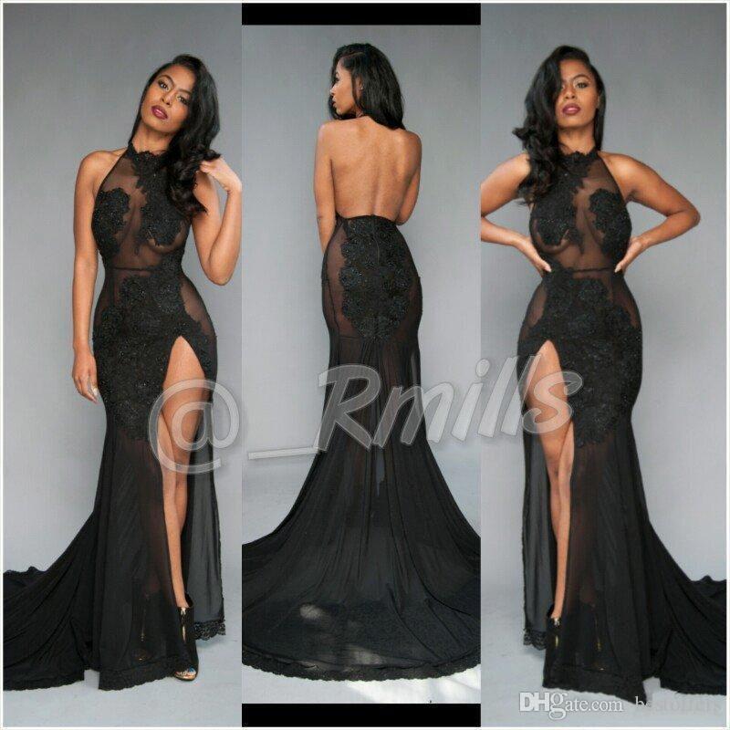 open back sexy black prom dresses 2017 high thing split with vintage lace  halter BBVRUXL