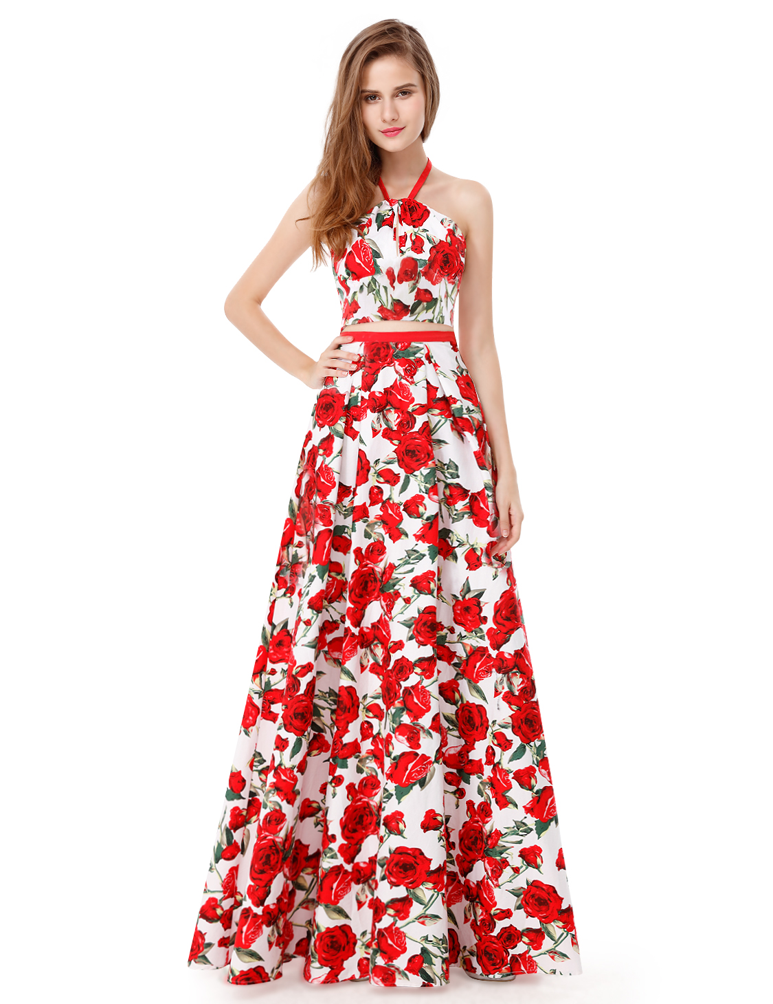 pretty dresses floral print crop top prom gown IZMNSLA