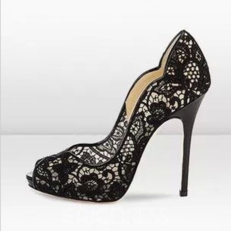 sexy black lace upper stiletto heels peep-toe women prom shoes IKBZHBP