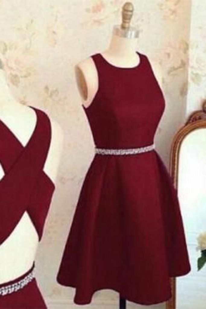 simple dresses burgundy chiffon round neck a-line cross back short prom dress，simple dress  for teens WNCRLBF