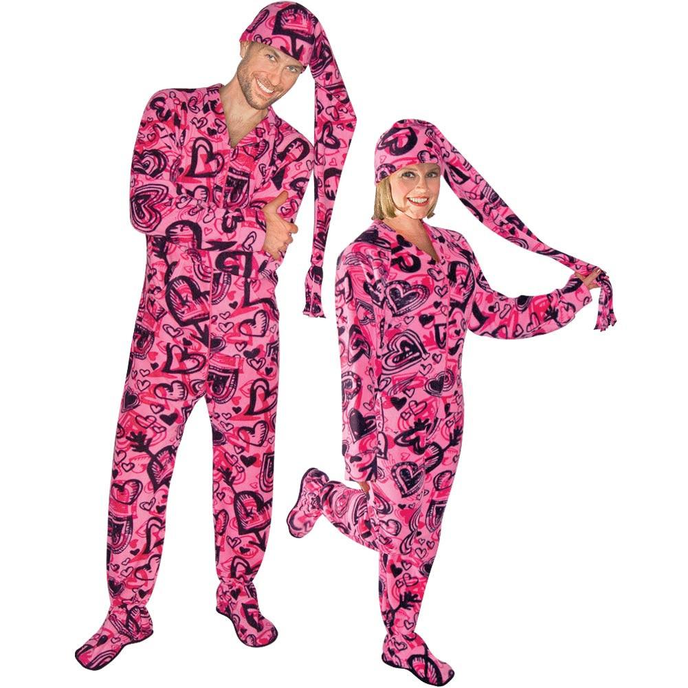sketchy hearts fleece adult footed pajamas with drop seat and long night  cap, pajama CQOSSNS