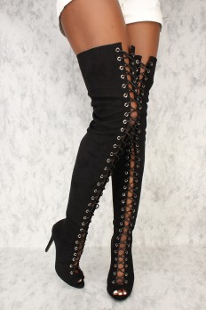 thigh high boots sexy black front lace up high thigh high heel ami clubwear boots SWYKDRZ
