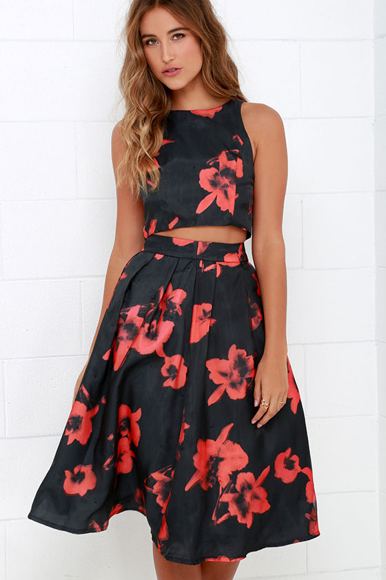 two-piece dress - floral print dress - black and red dress - $74.00 RJUUIYB