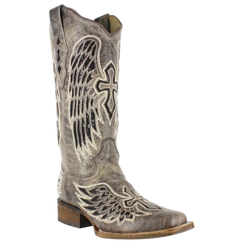women cowboy boots corral womenu0027s cross and wing sequin inlay square toe western boots AZMUQPV