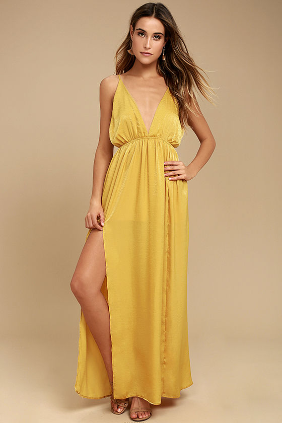 yellow dresses sexy mustard yellow dress - satin dress - maxi dress - $54.00 HPOAOAM
