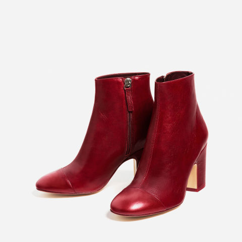 zara high heel leather ankle boots with toe cap, $139; zara.com MWMUHTI