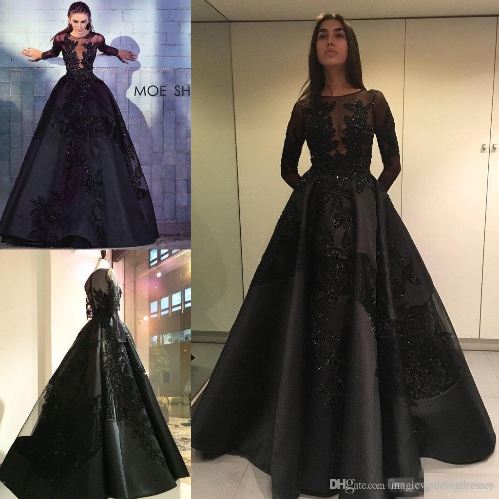 zuhair murad 2017 long sleeve black prom dresses lace applique beads plus  size formal HTOHESQ