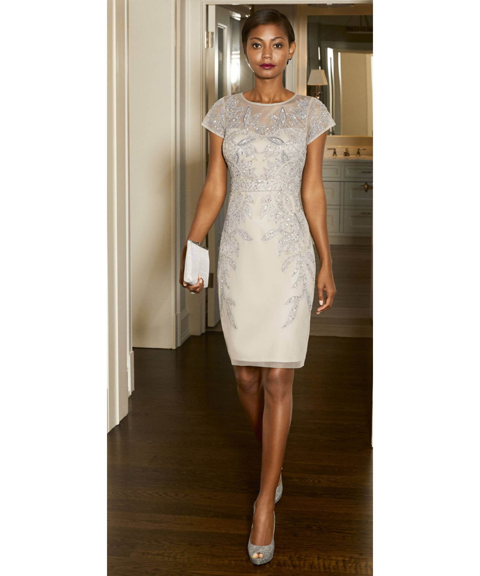 adrianna papell adrianna papell short sleeve cocktail dress with floral  vine beading ZECKTBB