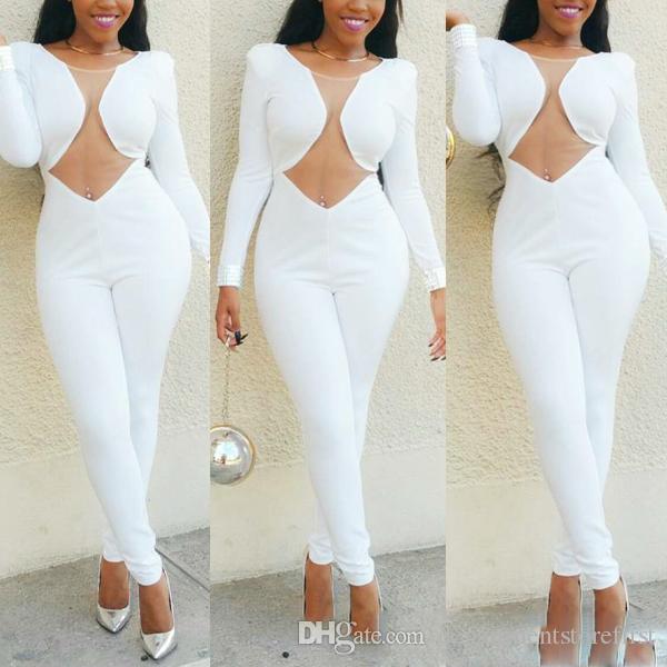 all white romper 2018 women sexy transparent jumpsuit overalls summer casual elegant all  white o neck bodycon RYWFOOX