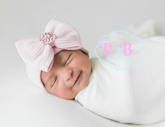 Baby Girl Hats baby girl hat with bow and rhinestone is ready to ship baby NOIRAEE