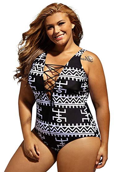 Bathing Suits for plus Size womenu0027s sexy print lace up v neck one piece swimsuit monokini swimwear  bathing suits JPLDFXF