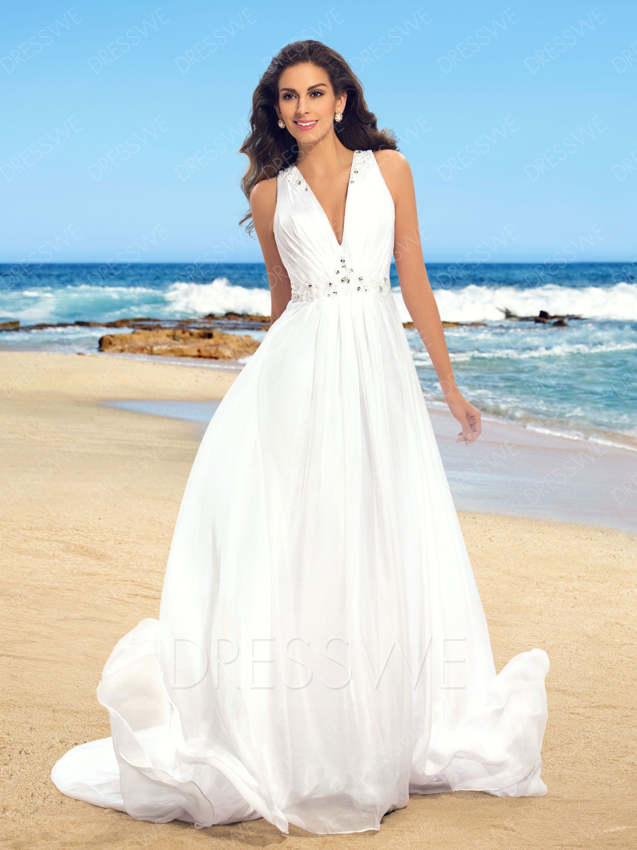 Beachy Wedding Dresses 70 simple v-neck beaded sheer back beach wedding dress LNSXPNX