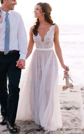 Beachy Wedding Dresses sleeveless v neck a-line long tulle dress with lace top ... LEEYLDC