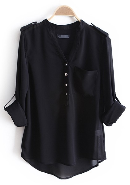 black blouses black epaulet buttons v-neck pockets chiffon blouse DYQZEQE