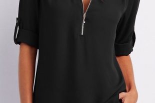 black blouses black zipper buttons v-neck casual blouse JVCQETR
