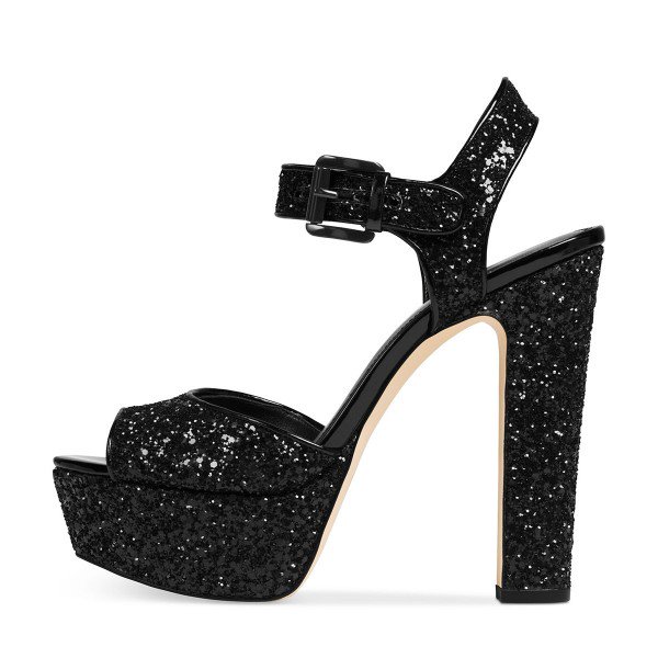 black glitter heels ... black glitter shoes peep toe block heel sandals with platform image 2  ... ZNOLUSS