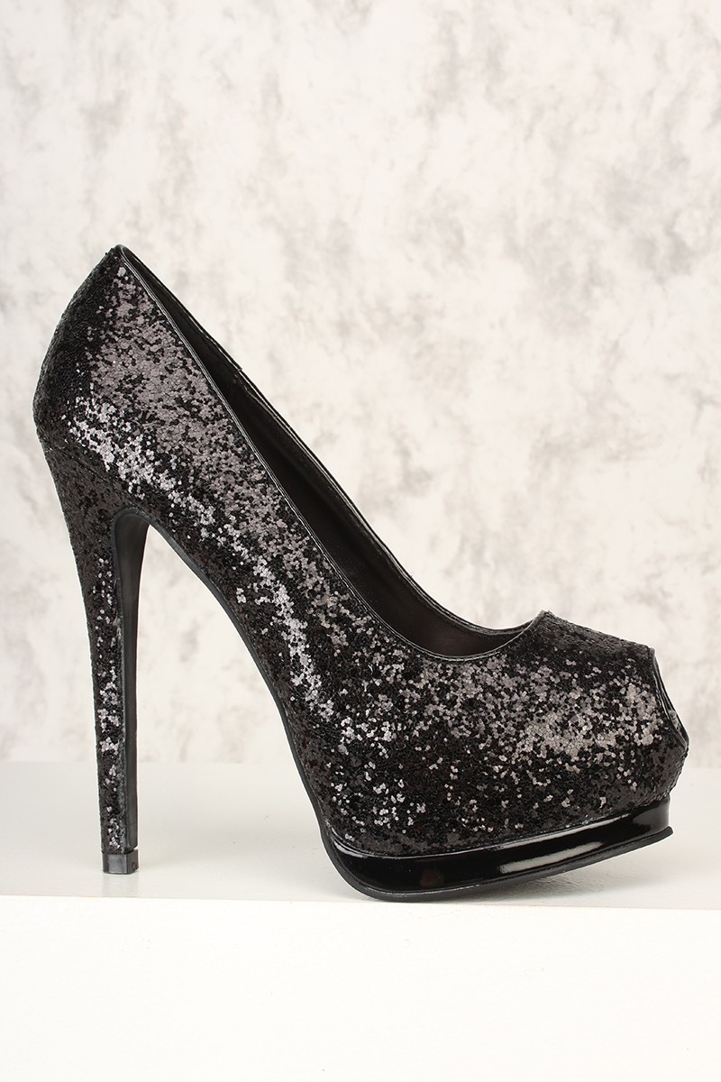 black glitter heels sexy black glitter peep toe platform pumps TTVSNUN