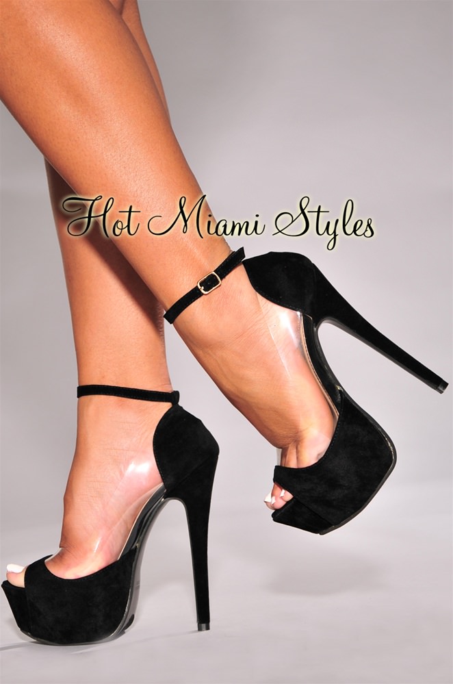 black high heel shoes black peep-toe clear accent high heel pumps OSLLGKY