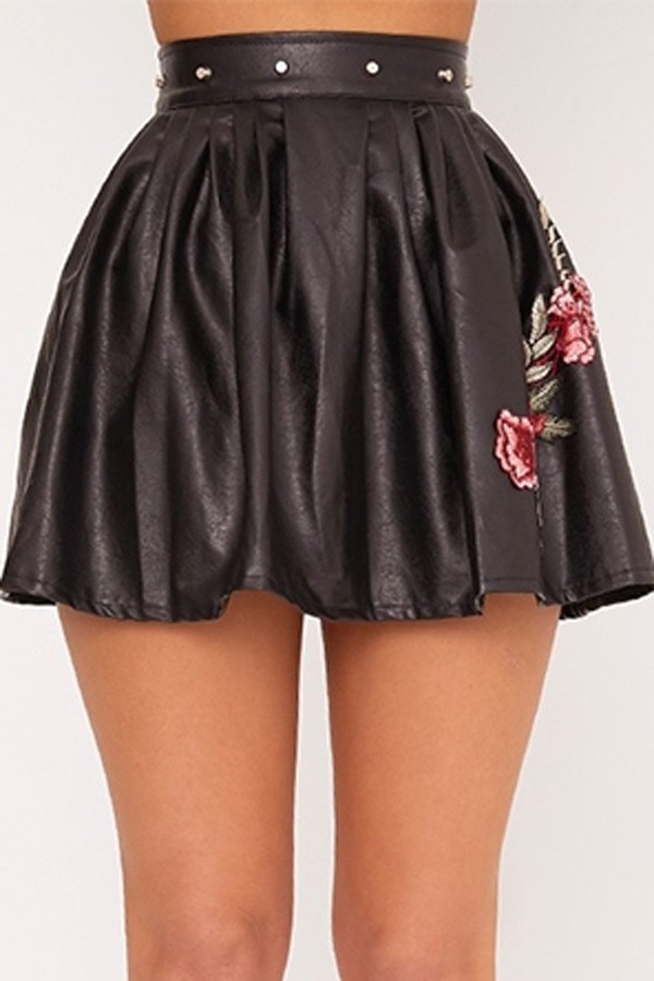 black high waisted skirt black high waist floral embroidery studded pleated pu skater skirt GXVPRNF