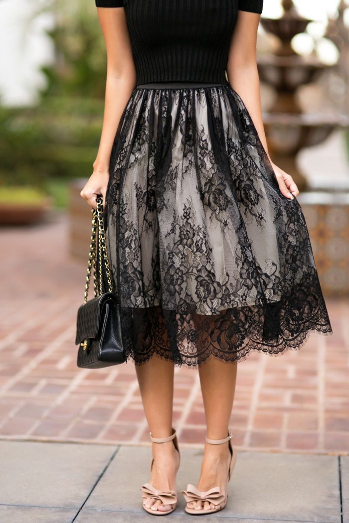 black lace skirt petite fashion blog, lace and locks, los angeles fashion blogger, morning  lavender black lace BWIAMWM