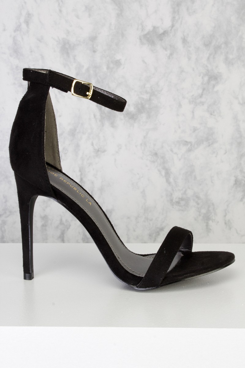 black open toe heels black single sole peep toe ankle strap high heels faux suede KCQODAU