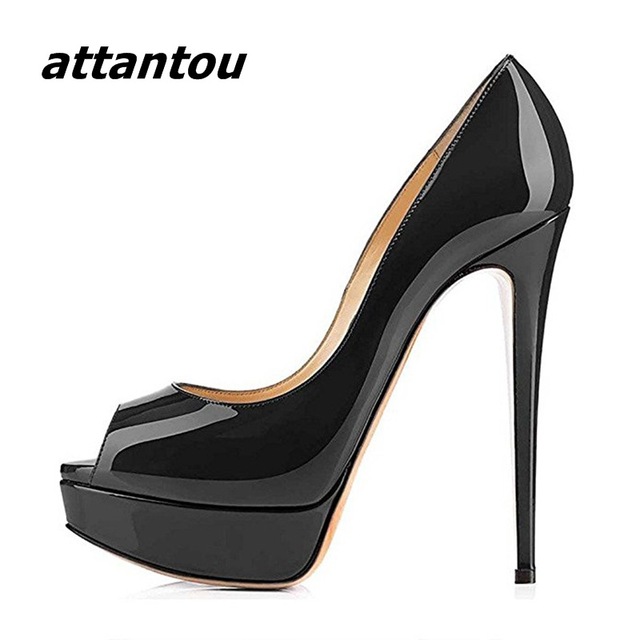 black patent heels elegant women black patent leather peep toe high heels sexy slip-on  platform stiletto high RWBBUZE