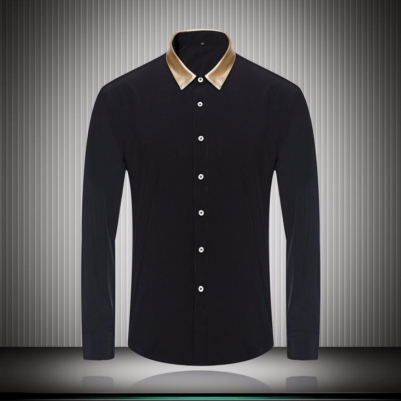 Black Shirts online cheap gold color collar black white mens dress shirts for business  long sleeve NKTNDKG