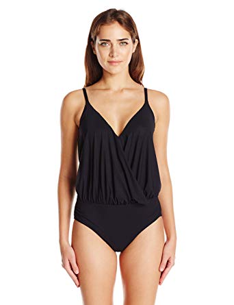 blouson swimsuit gottex womenu0027s solid v-neck blouson one piece swimsuit, lattice black ... RYYSHSN